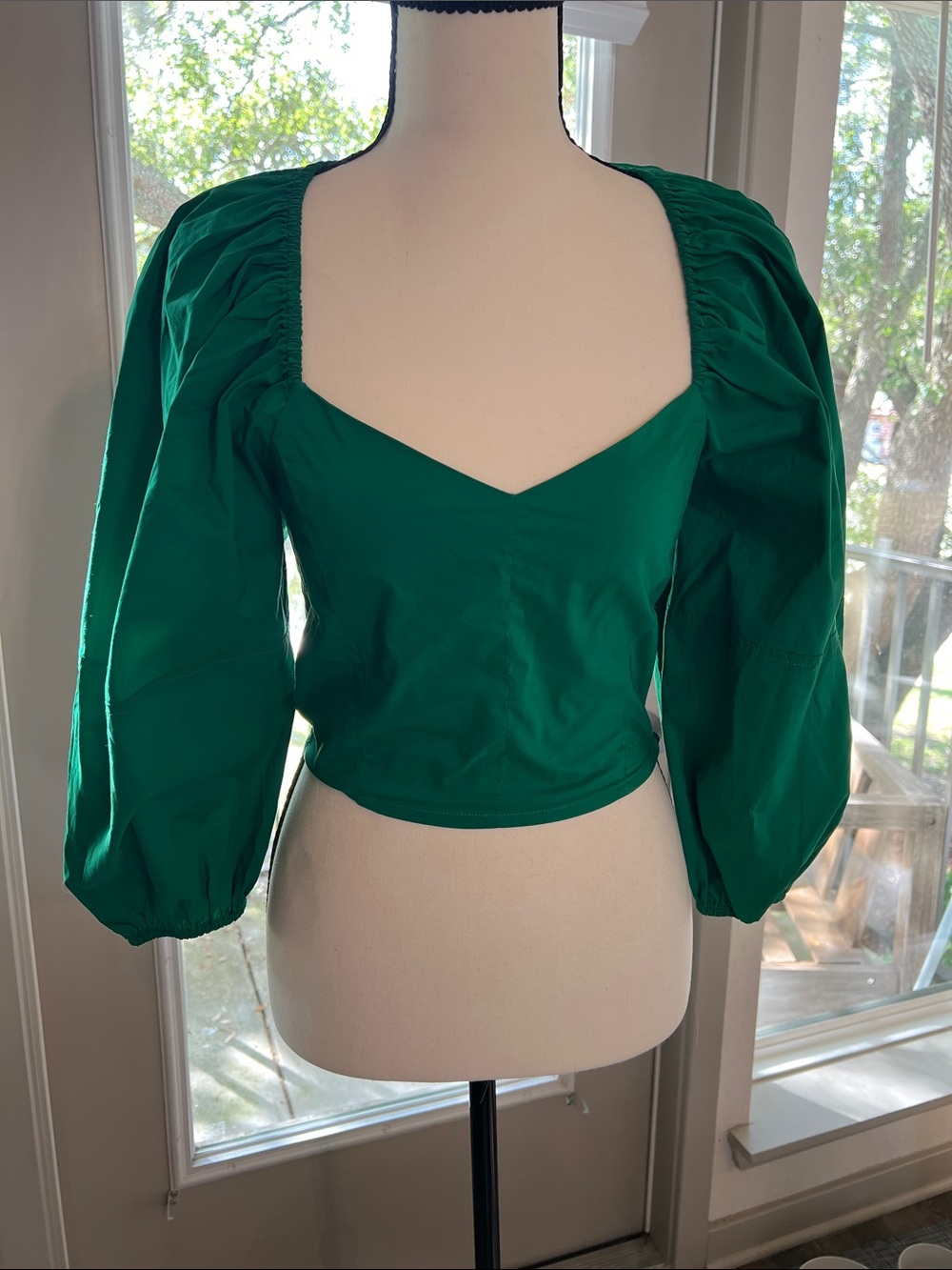 BURU Emerald Puff-Sleeve Square-Neck Blouse